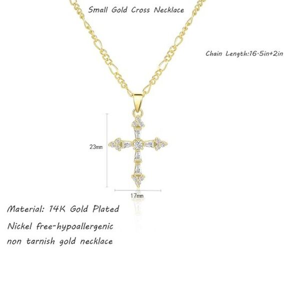 14K Gold Plated Figaro Chain Cross Necklace with Clear Gems Faith Baptism Gift - Picture 5 of 5
